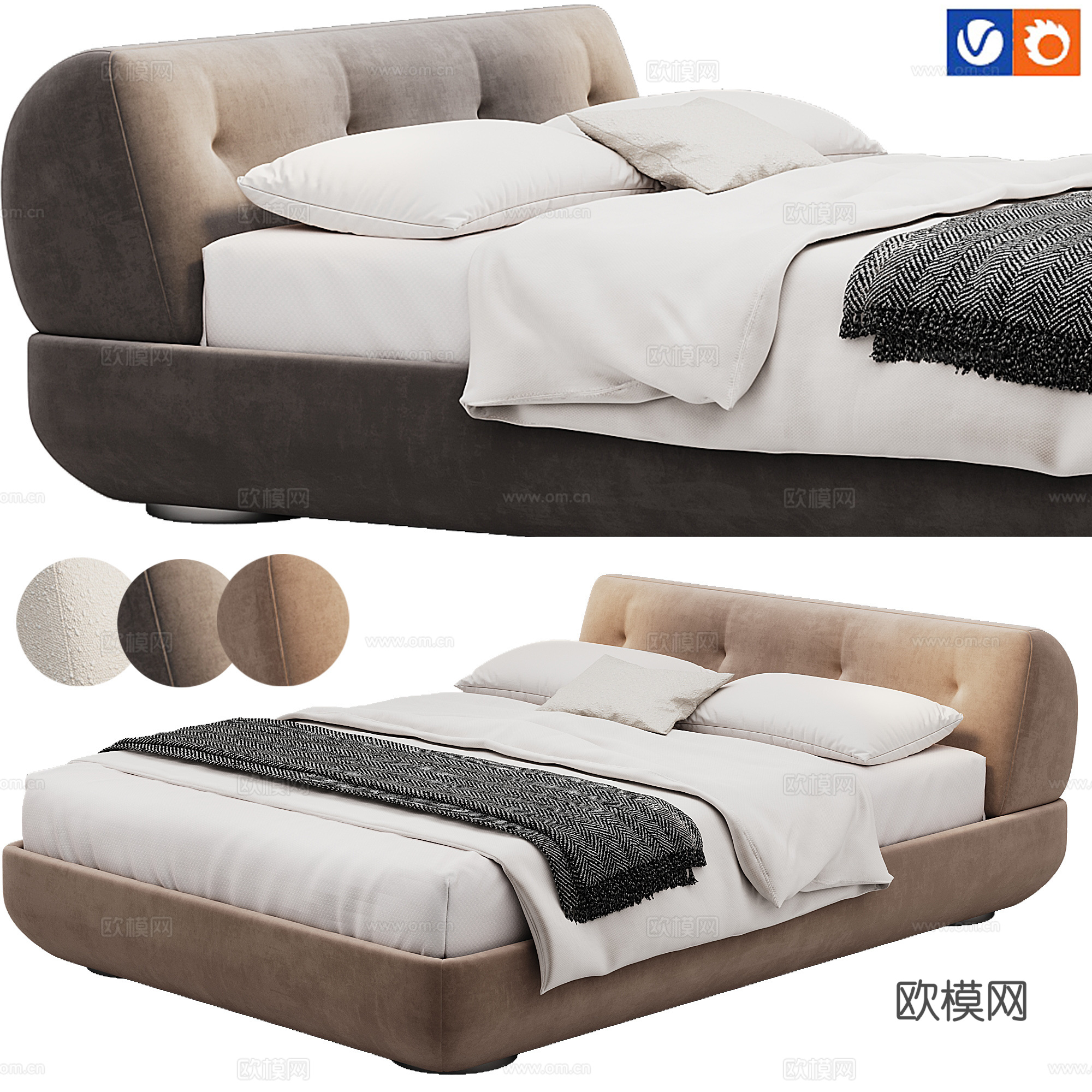 Minott 现代 卧室 布艺 单人床 床品 抱枕 床垫3d模型