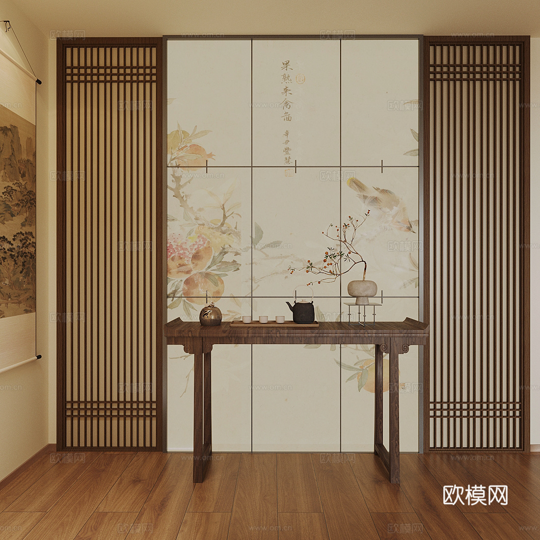 新中式禅意条案 新中式玄关 玄关条案 实木条案 端景柜 花艺su模型