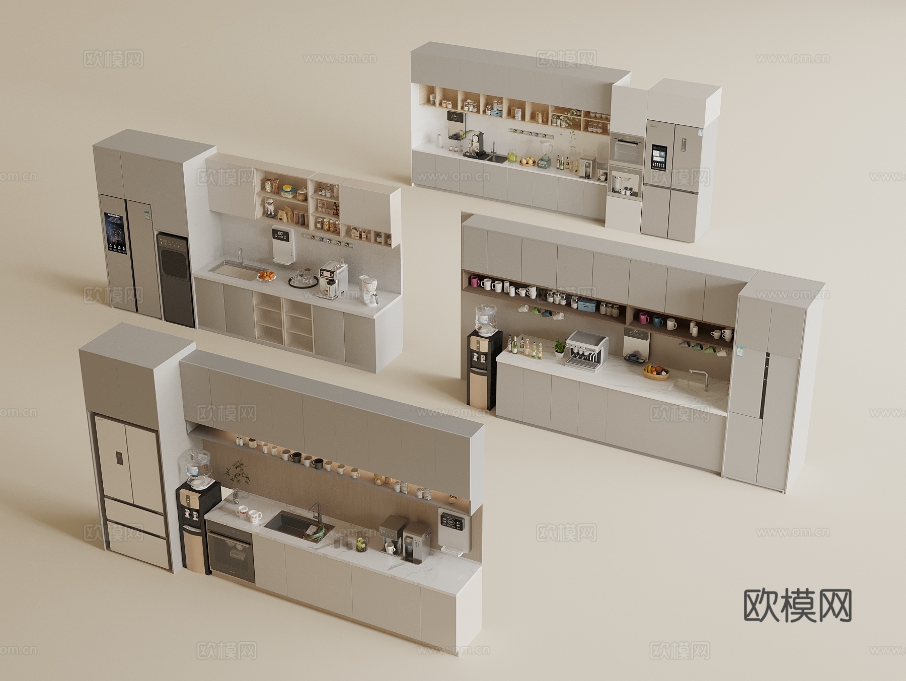 现代茶水间 茶水柜 饮水机 冰箱柜 厨房用品 洗碗机 咖啡机3d模型