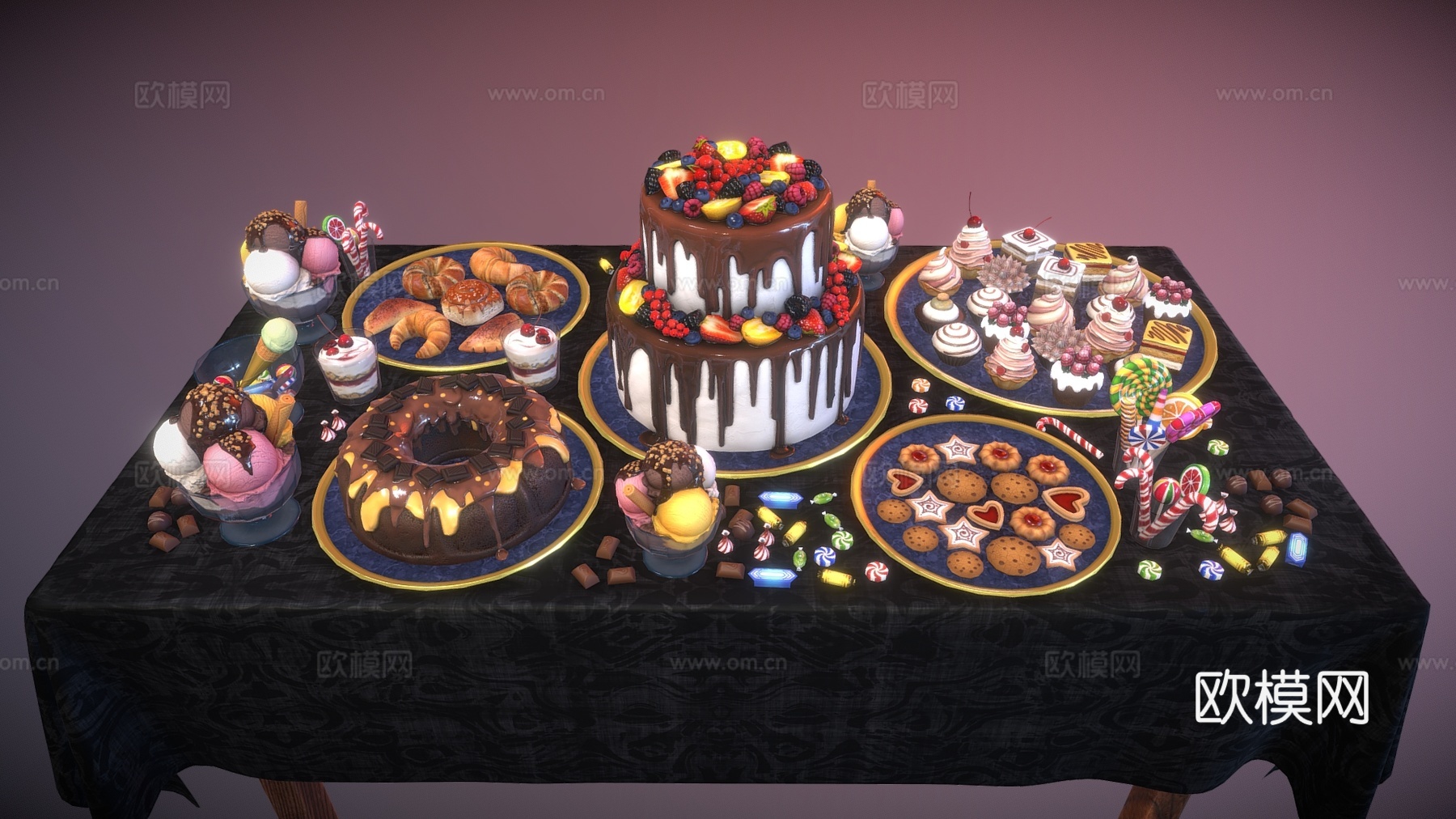食物饮料 蛋糕组合 甜品组合 食物 丰盛大餐3d模型