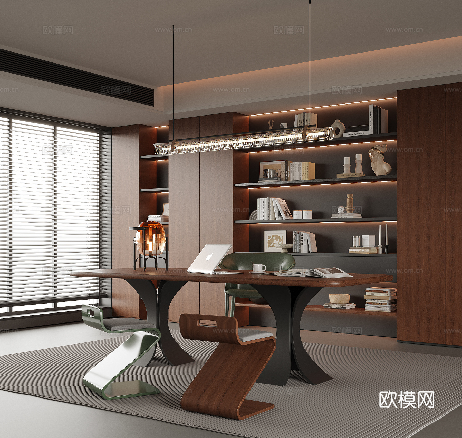 现代书房 书桌椅 书柜 凳子su模型
