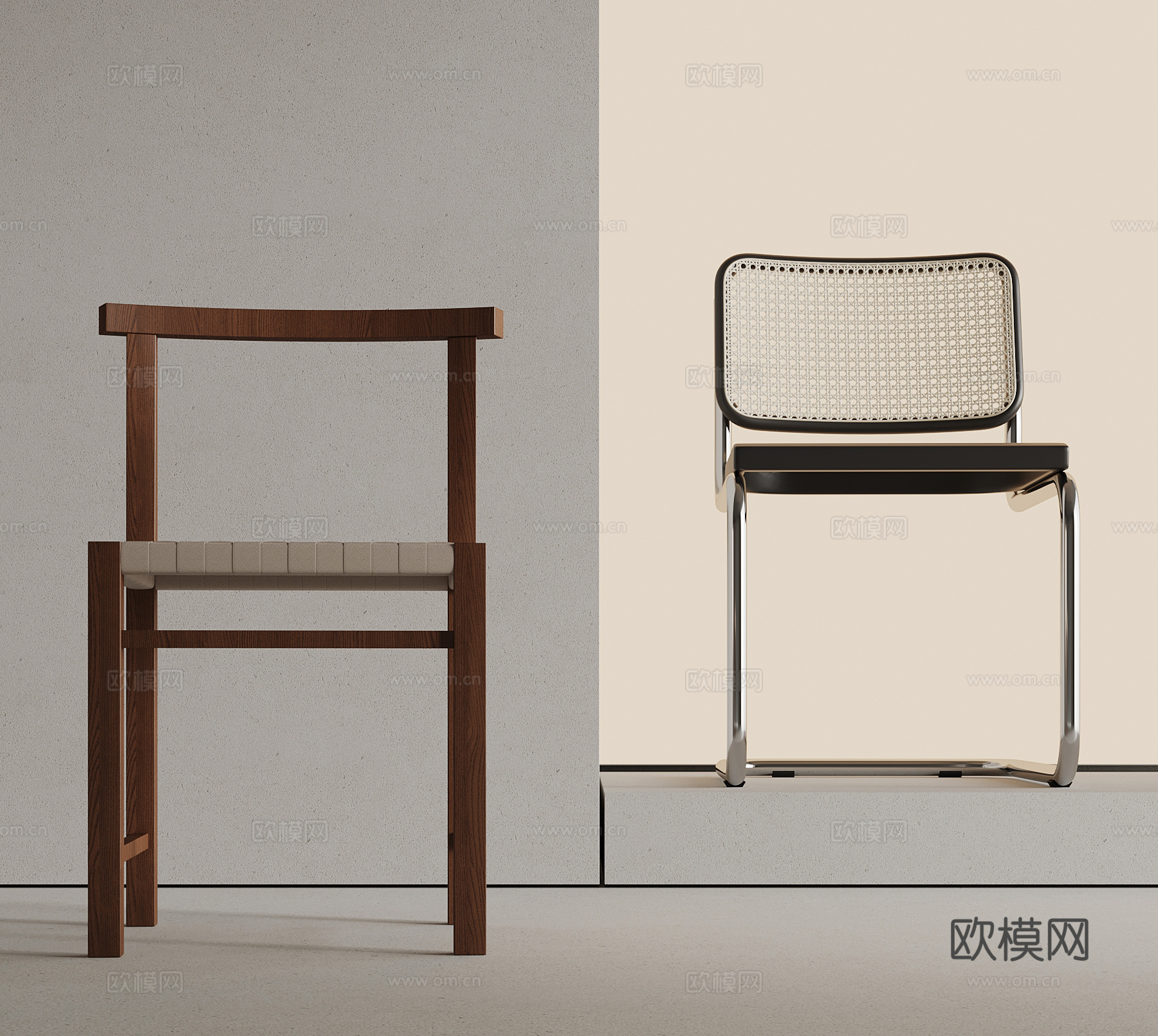 现代中古风餐椅 休闲椅 藤编椅su模型