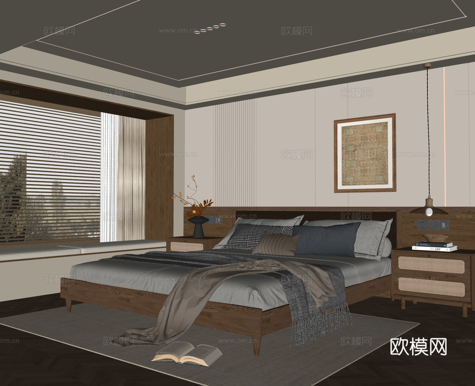 中古风卧室 实木双人床 床头柜 吊灯 挂画 地毯su模型