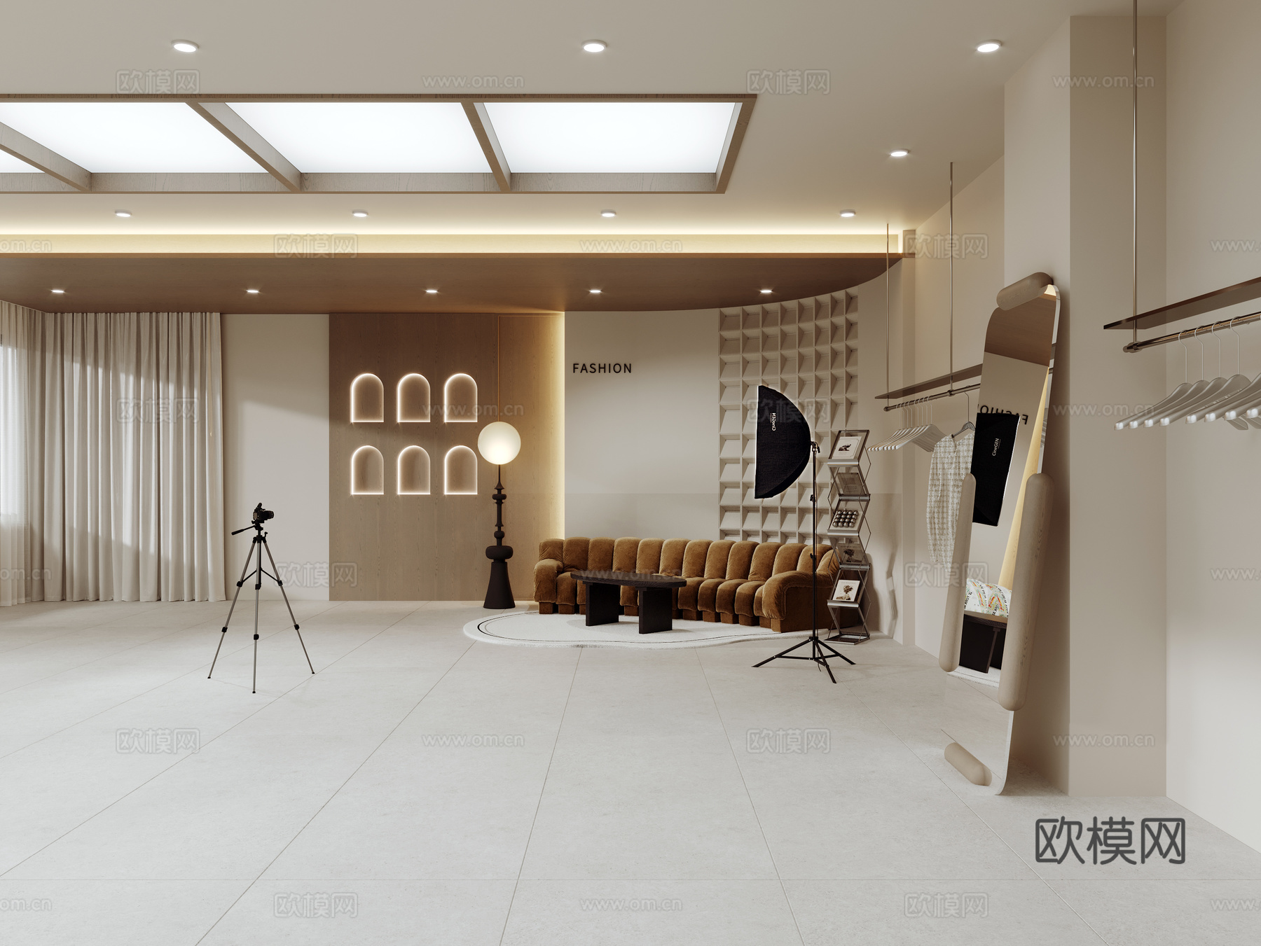 现代女装服装店 服装店直播间 直播间背景墙 弧形沙发 落地镜su模型