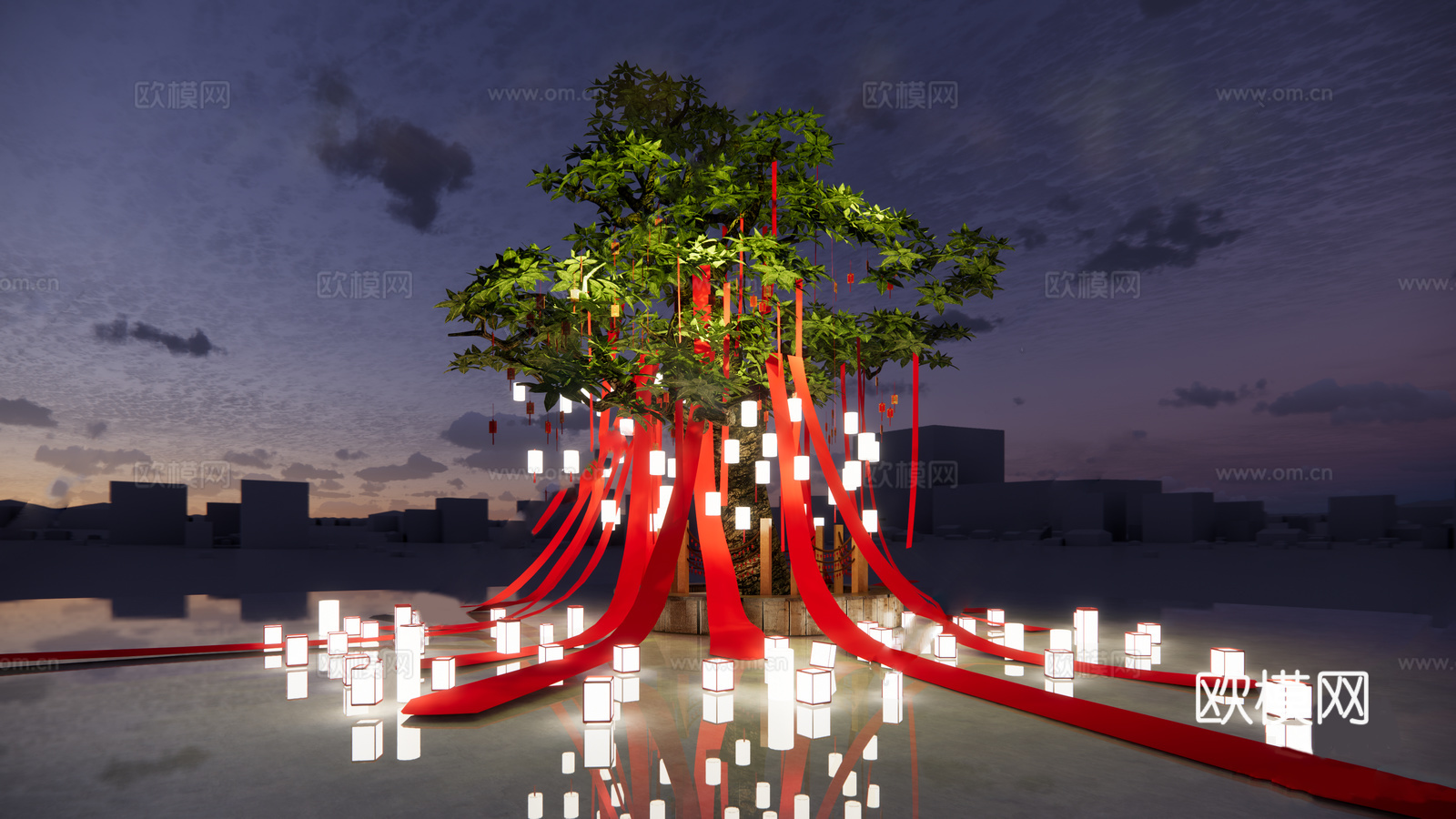 新中式许愿树 景观树 祈福树 美陈灯光su模型