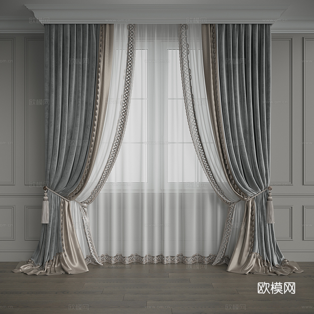新中式轻奢布艺窗帘3d模型
