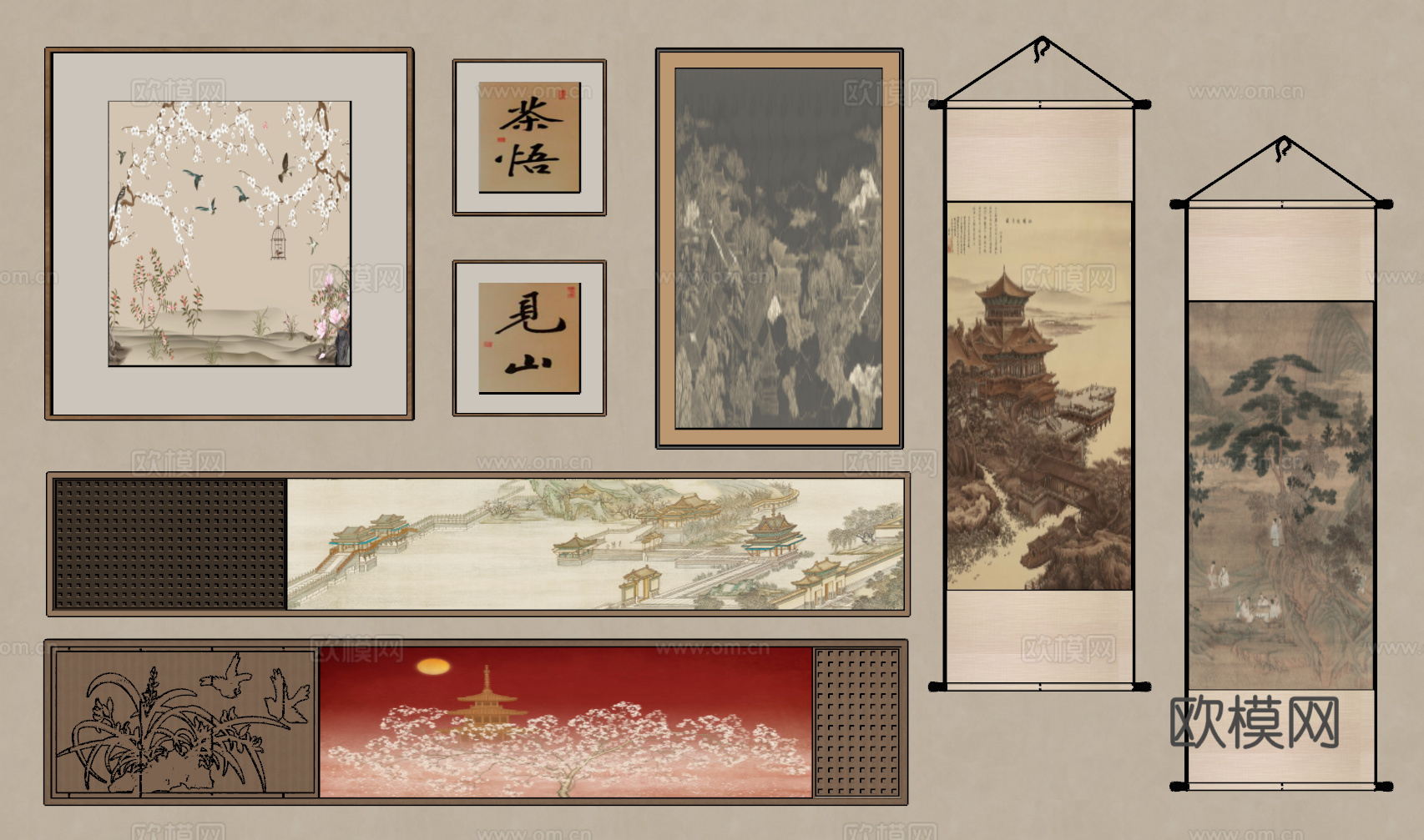 新中式挂画 宋氏中古风挂画 长条挂画 横向挂画 挂画组合su模型