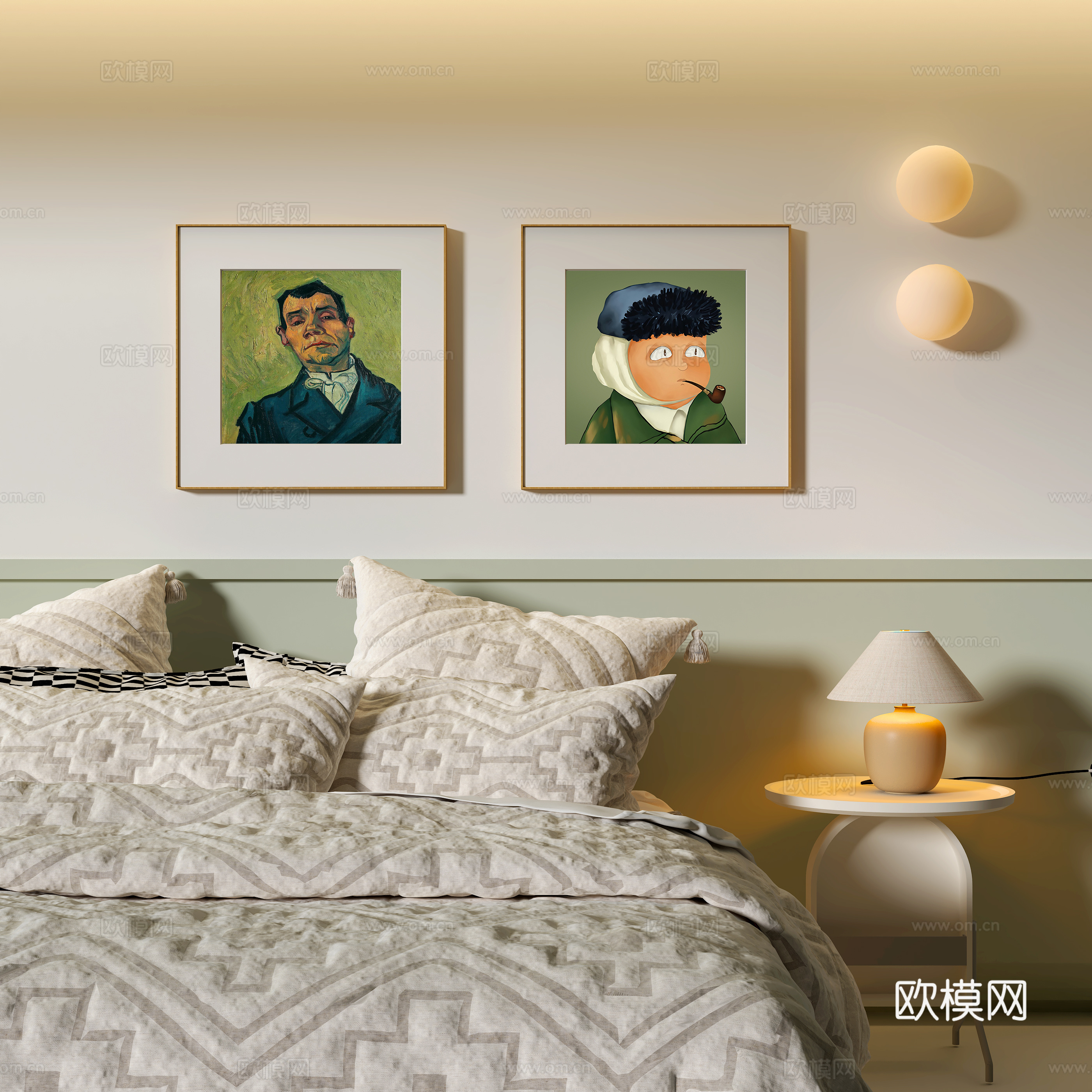 现代卧室装饰挂画 台灯su模型
