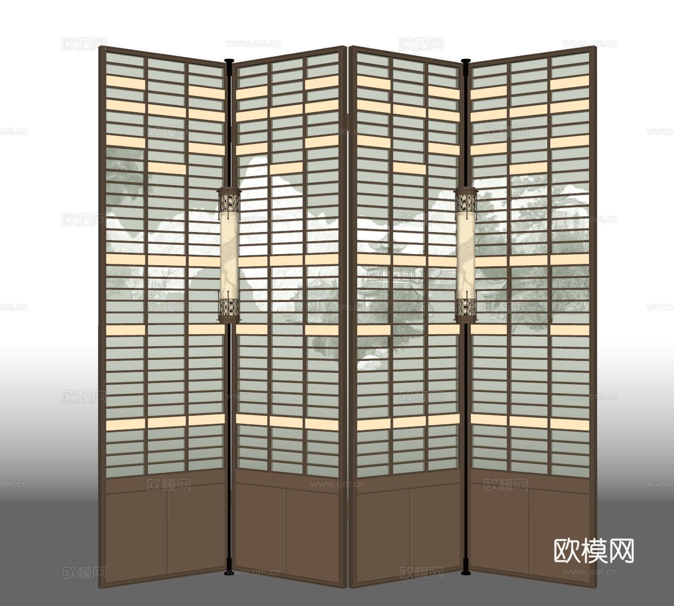 新中式屏风隔断 金属屏风 折叠屏风 意式屏风su模型