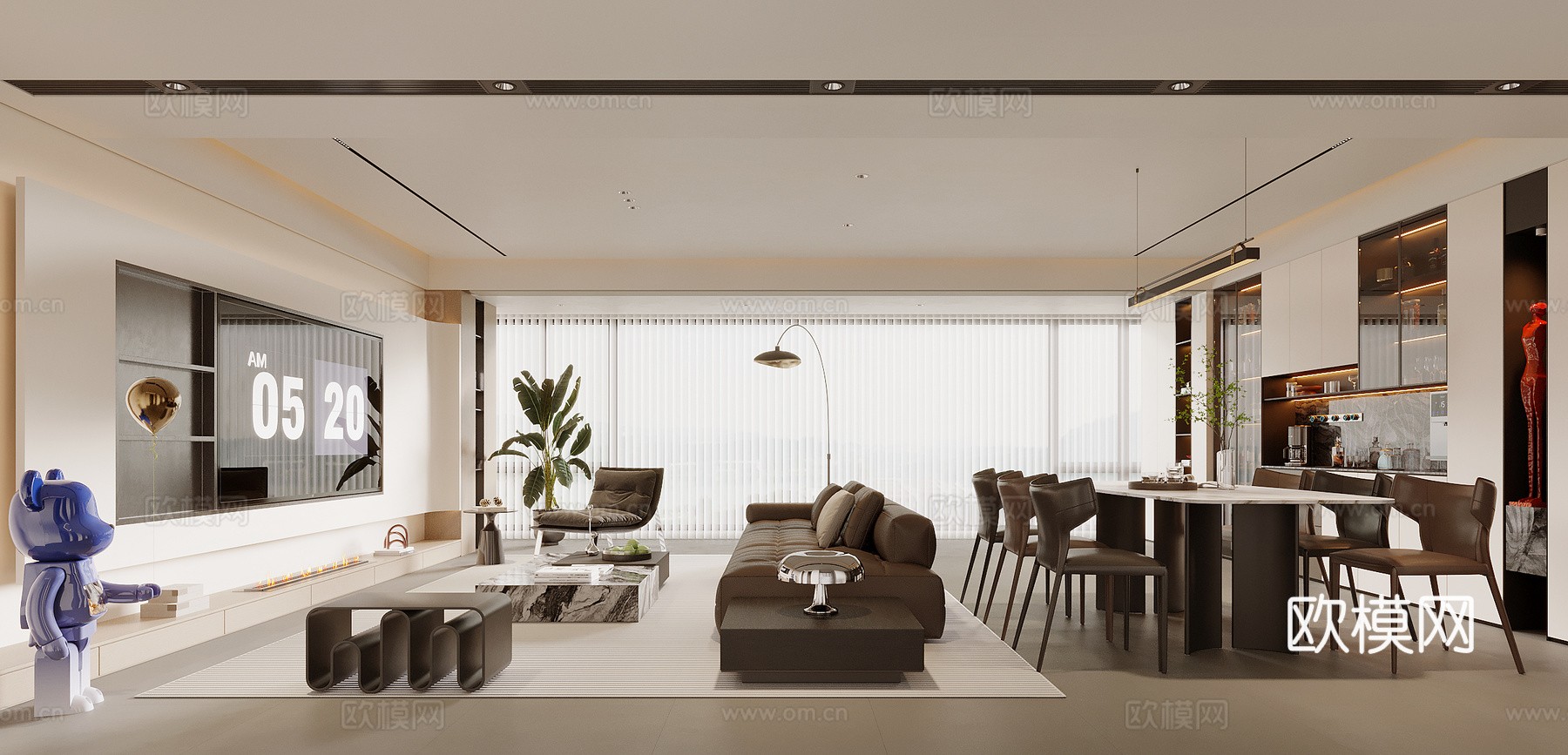 现代客餐厅 沙发茶几组合 电视背景墙 餐桌椅 餐边柜su模型