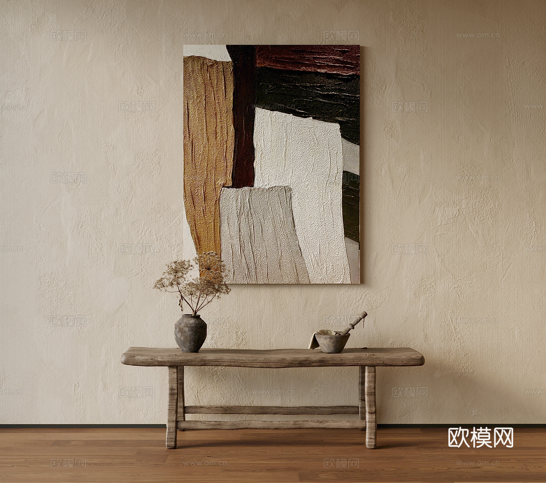 端景条案 诧寂风端景条案 挂画摆件su模型
