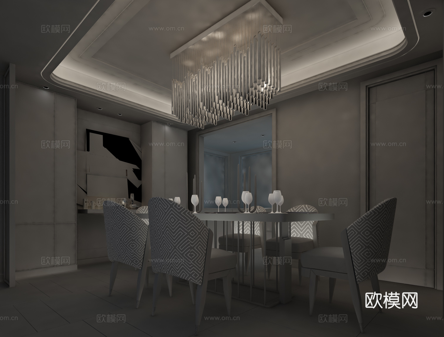 现代餐厅 餐桌椅 吊灯 摆件3d模型