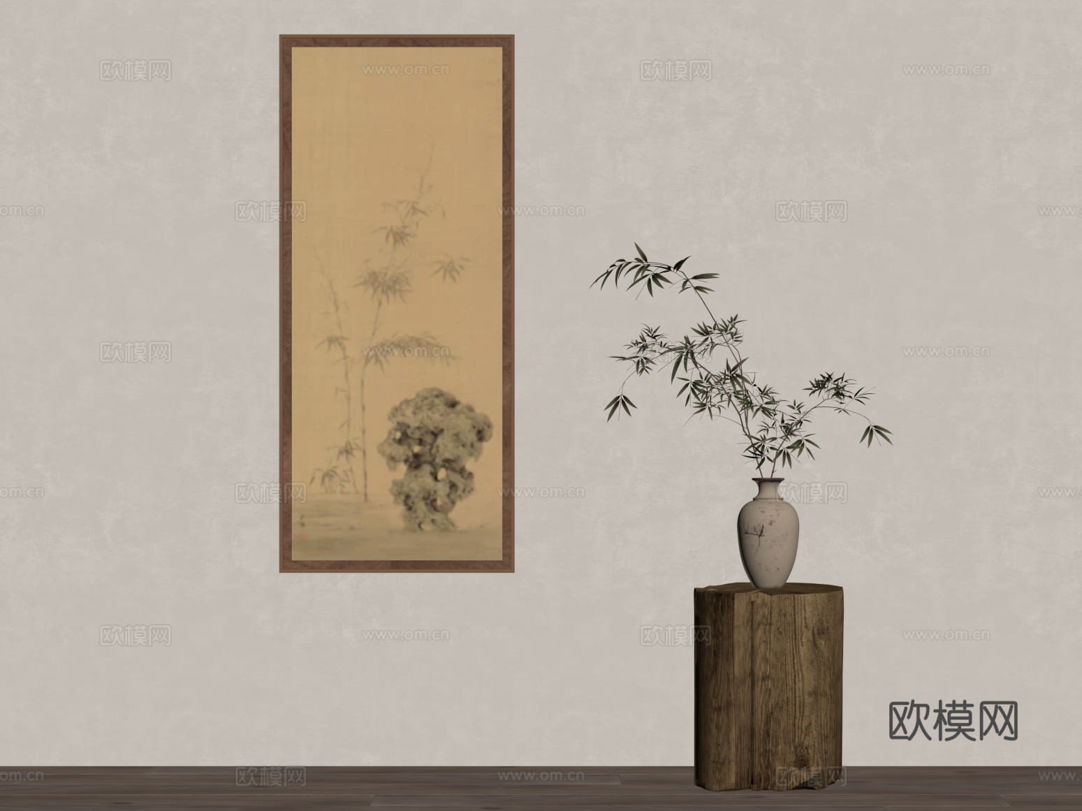 新中式挂画 装饰画 花瓶su模型