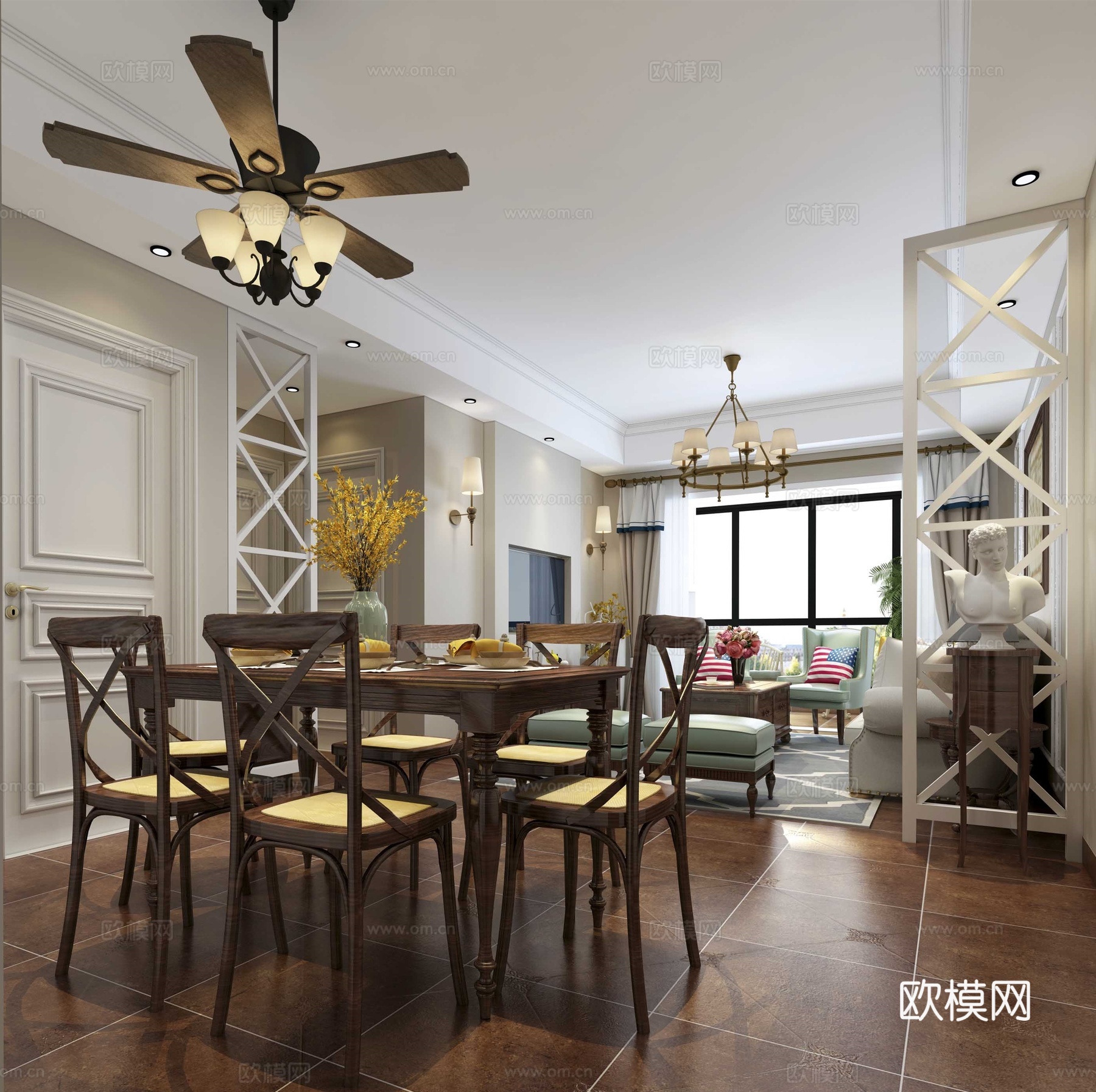 美式餐厅 客厅 餐桌 灯具3d模型