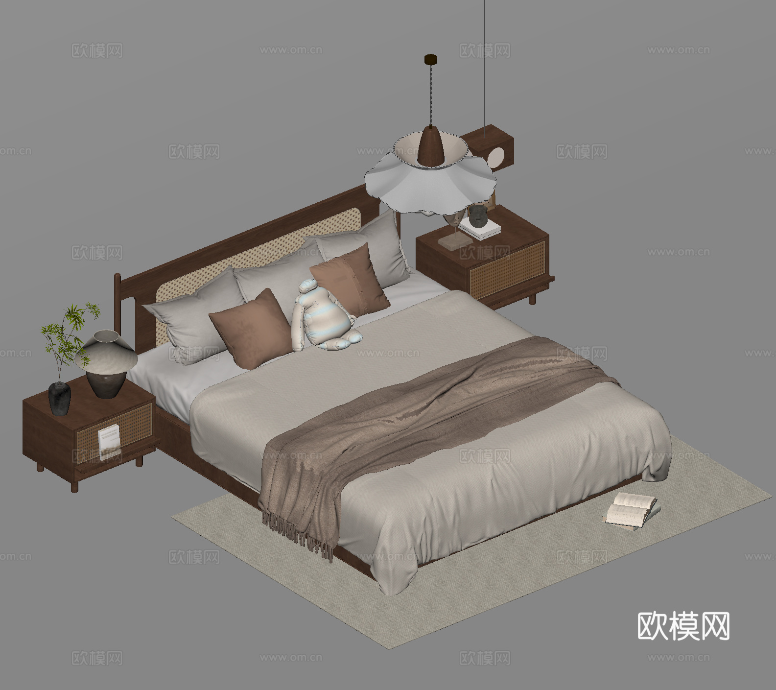 双人床 床品 床头柜 台灯su模型