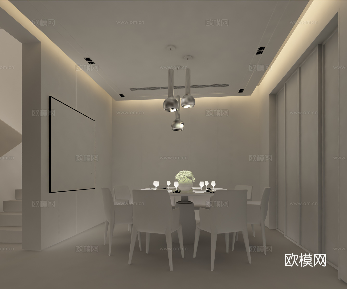 现代简约客厅 餐厅 沙发 茶几 电视柜 休闲椅 吊灯3d模型
