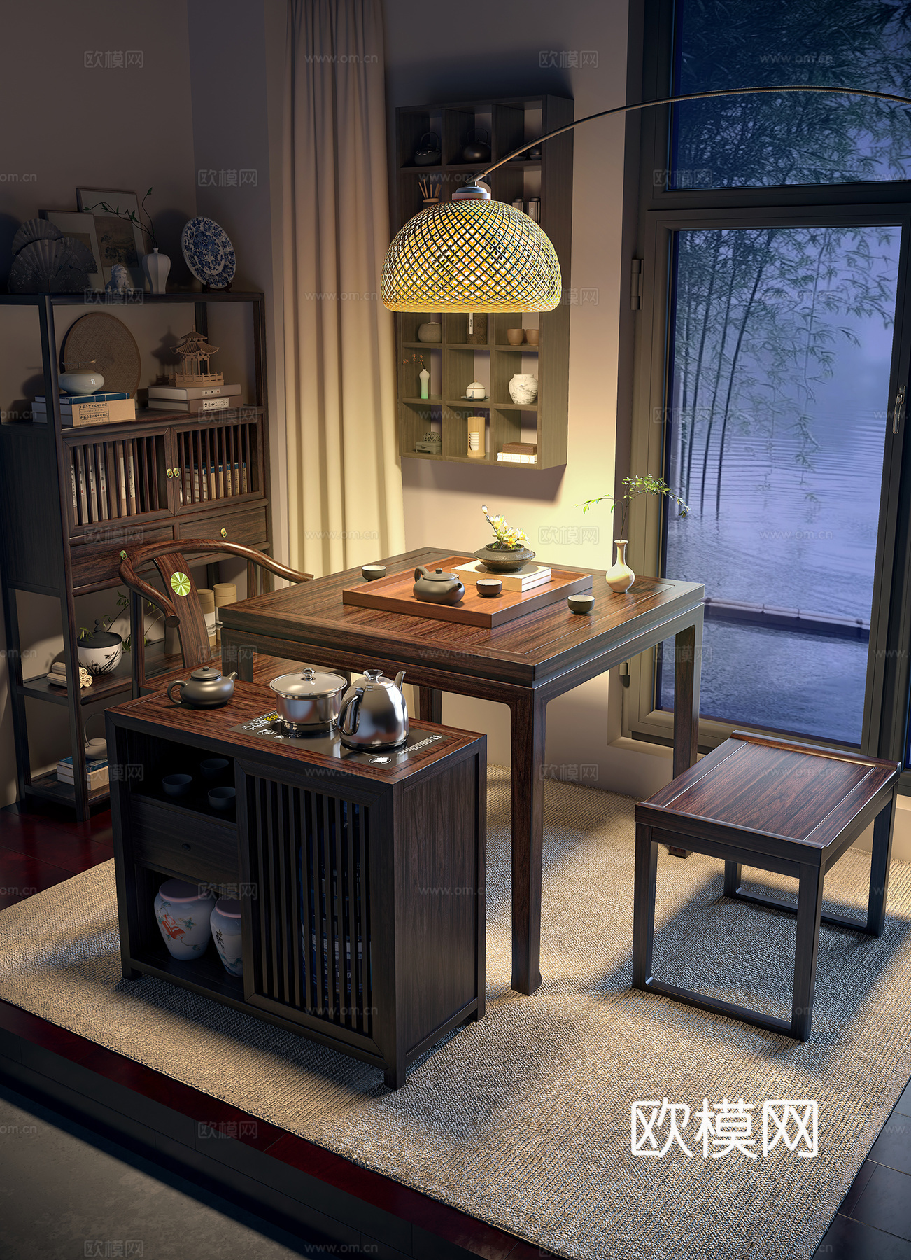 新中式温馨阳台茶桌场景3d模型下载