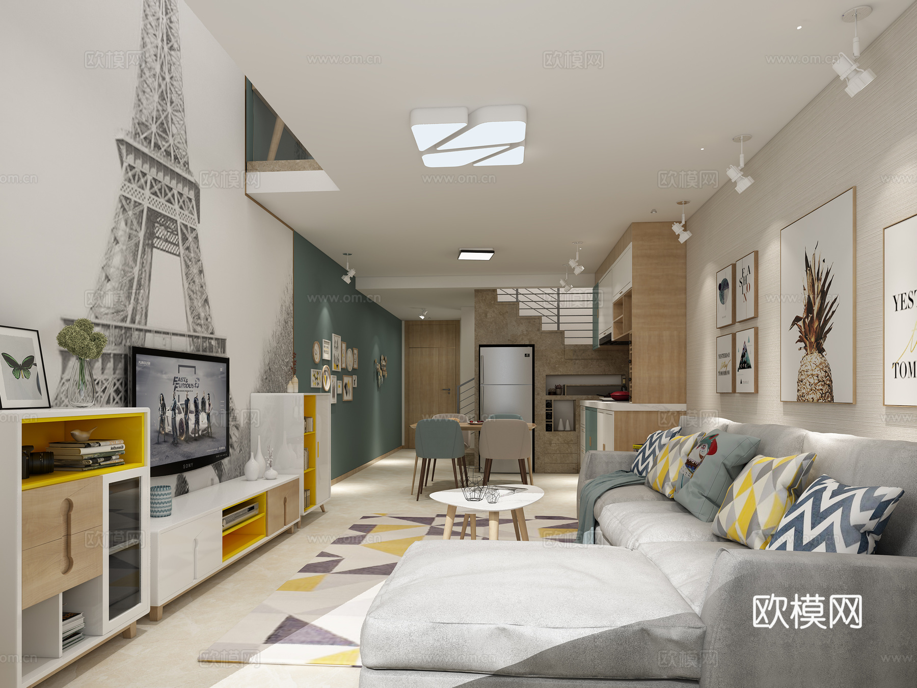 北欧客餐厅 电视台 LOFT 沙发 厨房3d模型