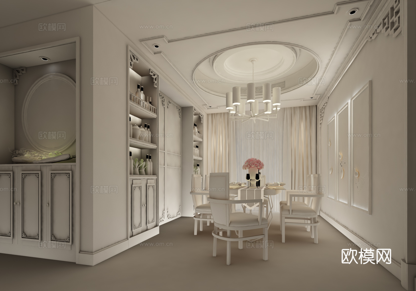 现代简欧餐厅 餐桌椅 吊灯3d模型