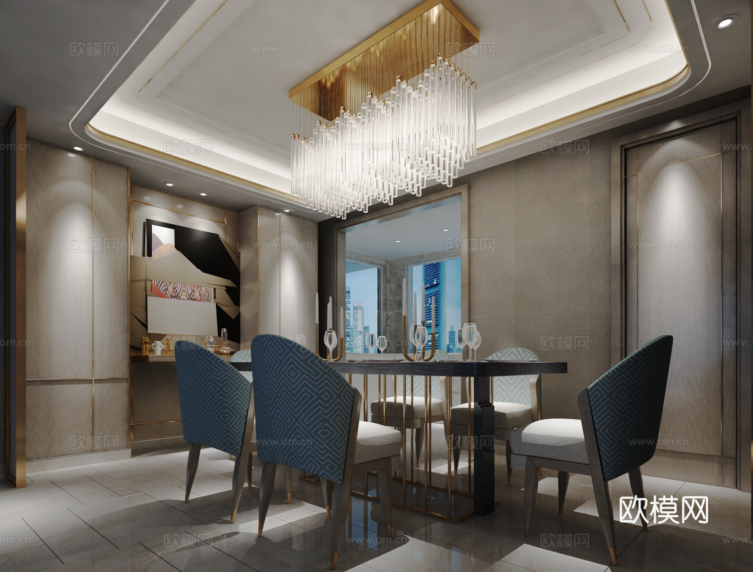 现代餐厅 餐桌椅 吊灯 摆件3d模型
