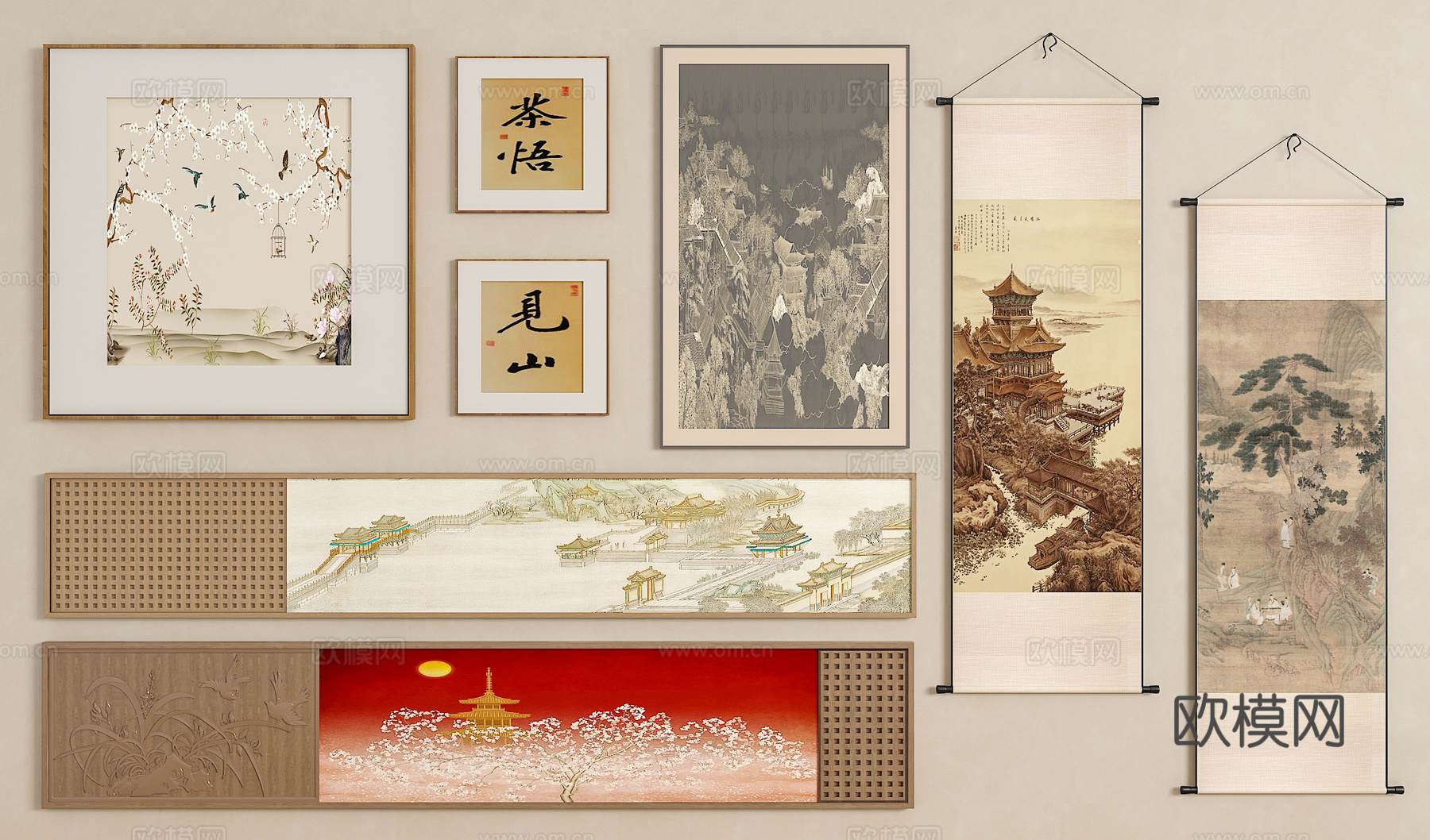 新中式挂画 宋氏中古风挂画 长条挂画 横向挂画 挂画组合su模型