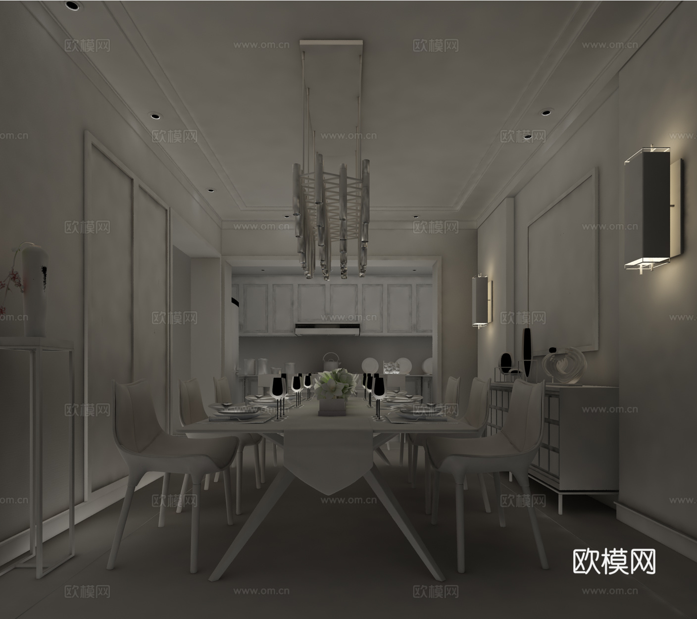 现代餐厅 餐桌椅组合 吊灯3d模型
