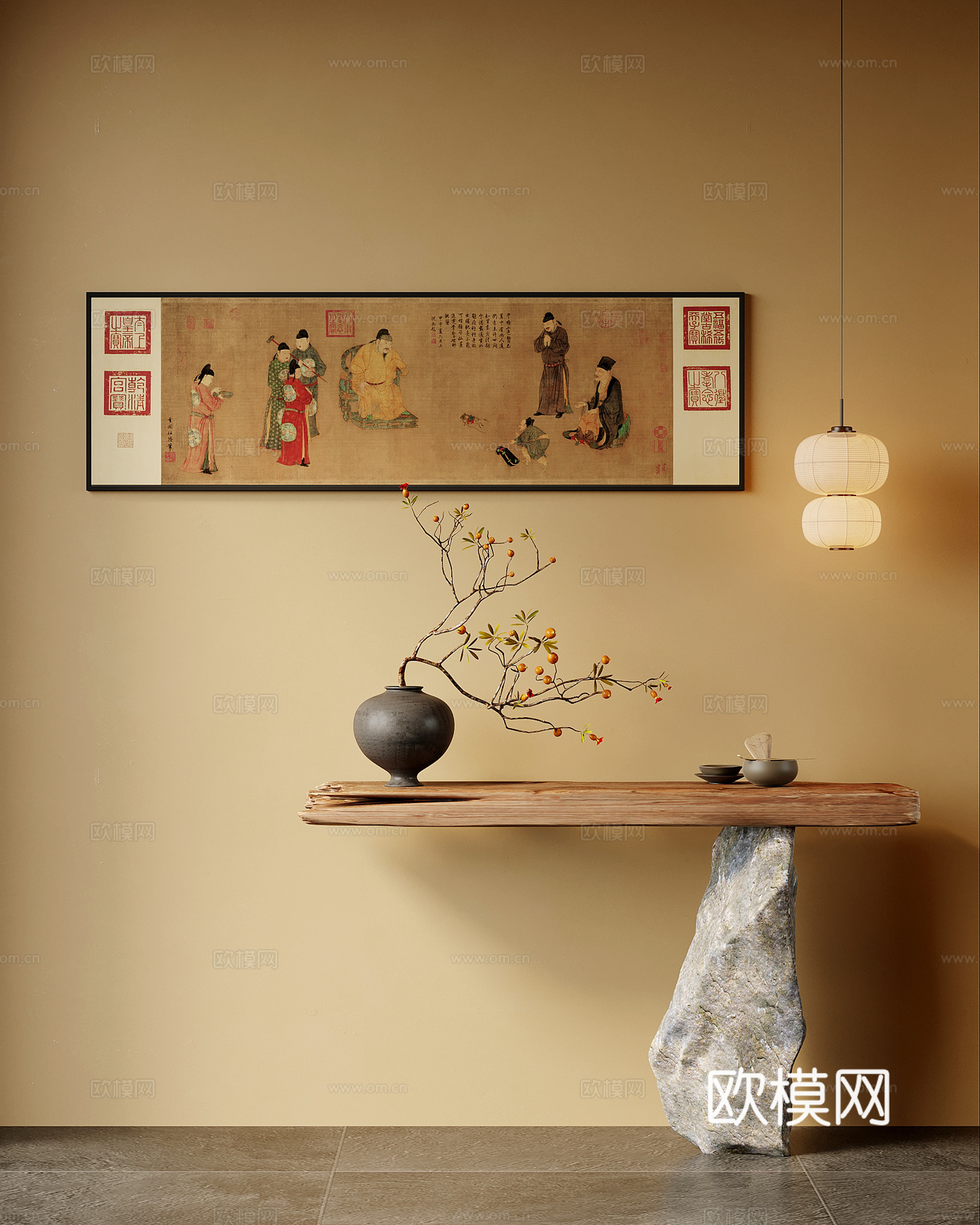 玄关 新中式玄关 端景台 装饰画 吊灯3d模型