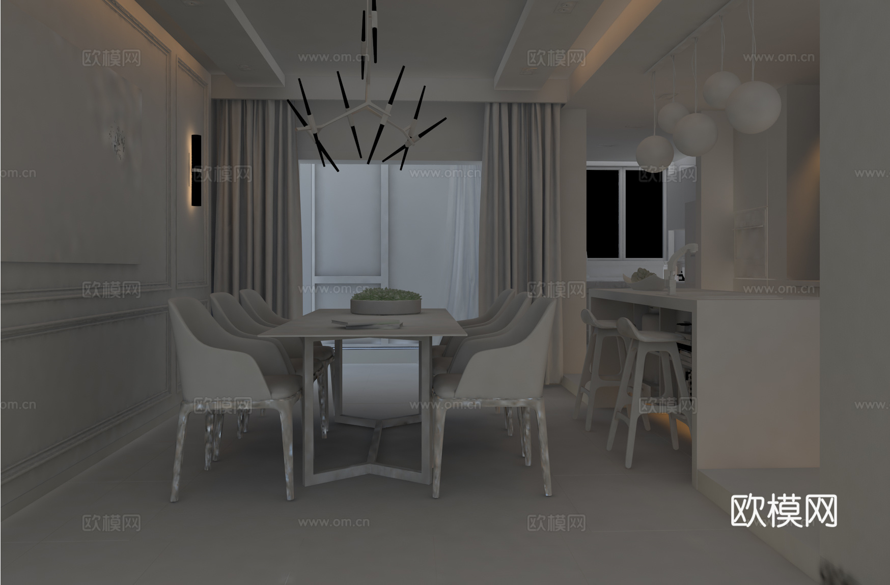 现代餐厅 餐桌椅 吊灯3d模型