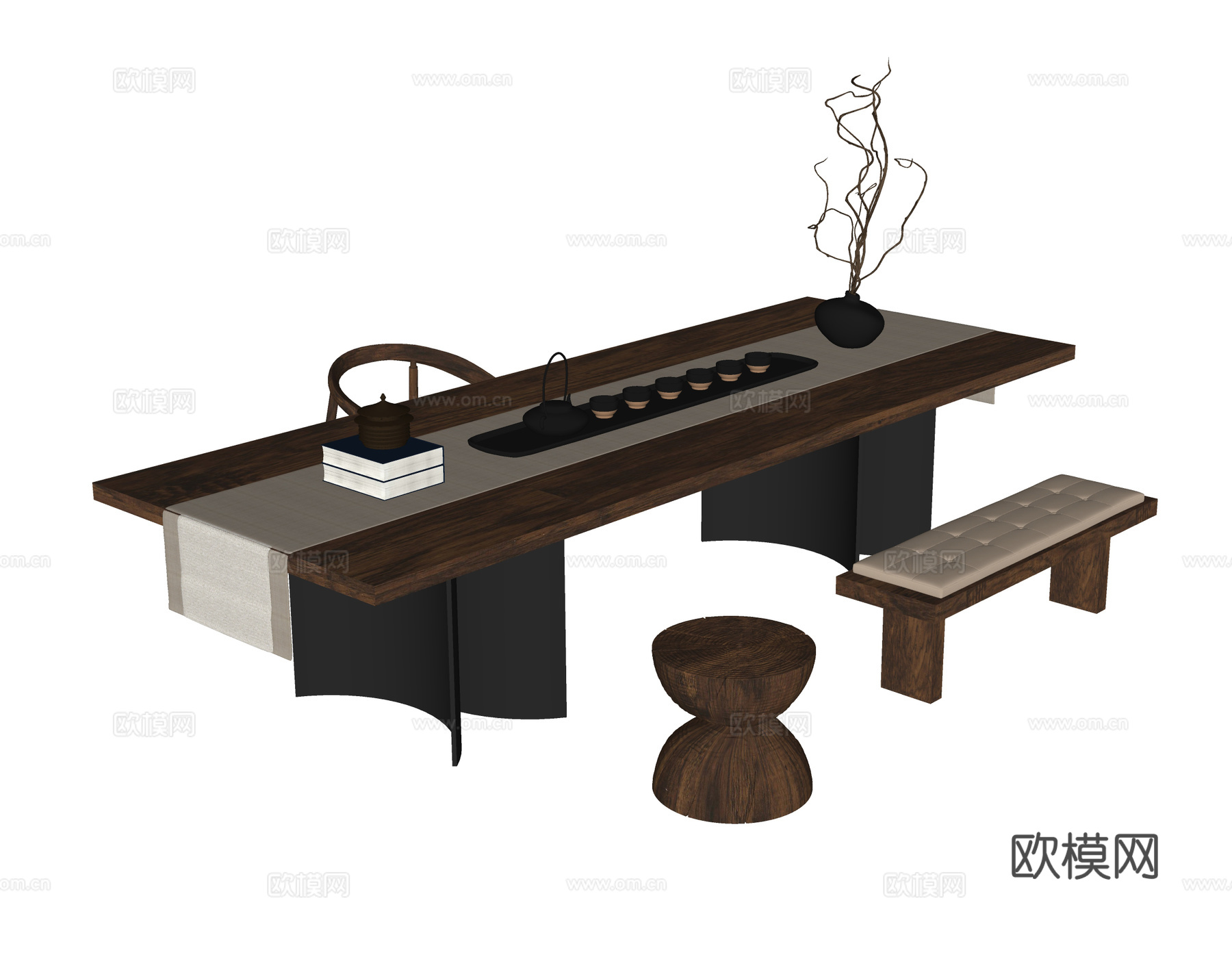 现代茶桌椅 凳子 茶桌 茶具su模型