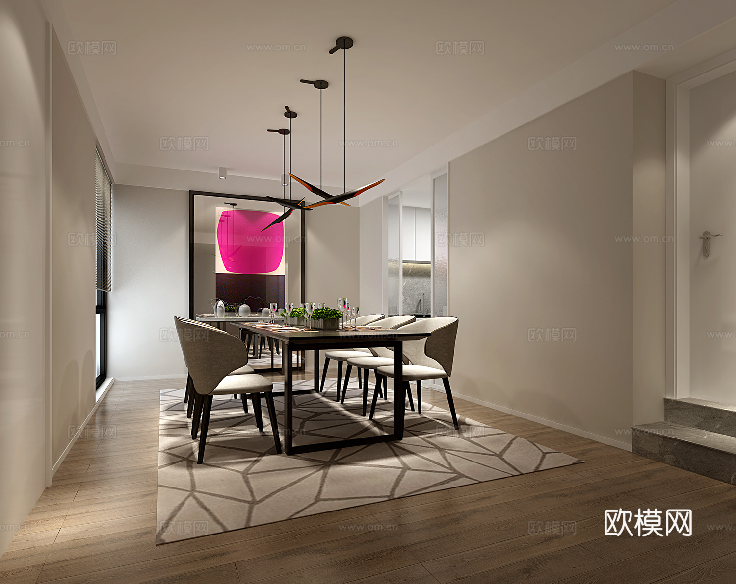 现代餐厅 吊灯 餐桌椅组合3d模型