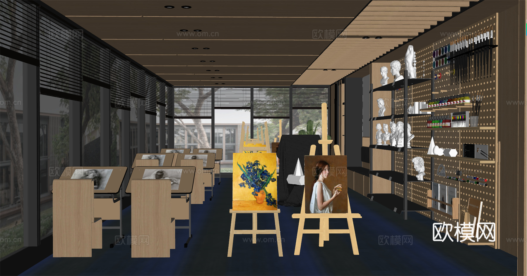 现代美术教室 画室 画架 画具 洞洞板su模型