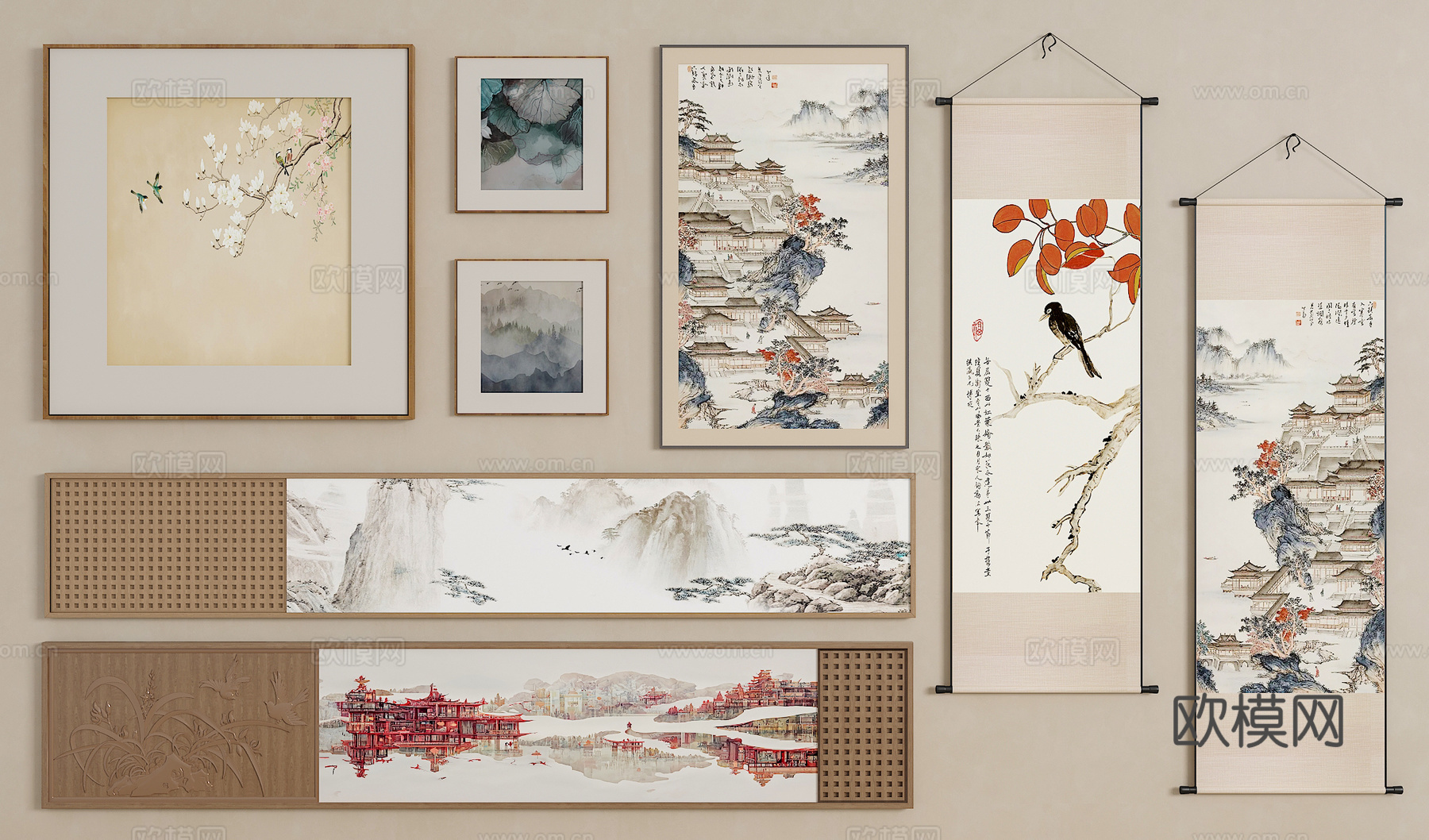 新中式挂画 宋氏中古风挂画 长条挂画 横向挂画 挂画组合3d模型