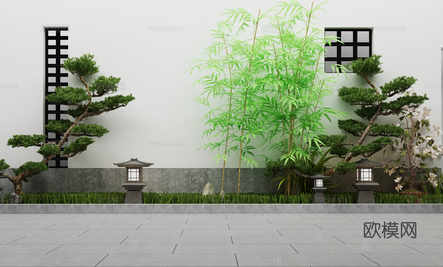 庭院景观 松树 石灯3d模型