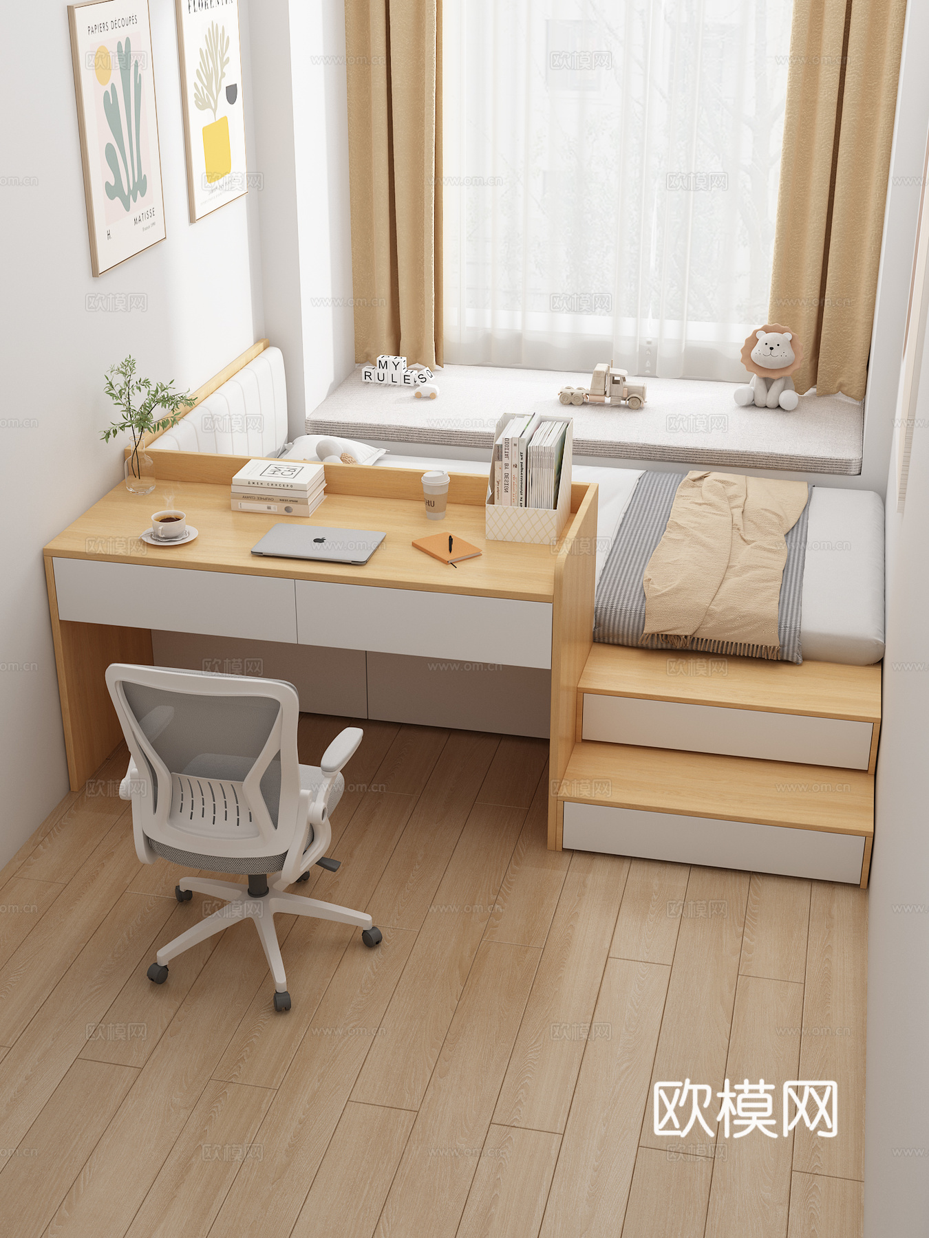 榻榻米卧室  榻榻米床 书桌椅 飘窗 办公用品 玩具 床品3d模型