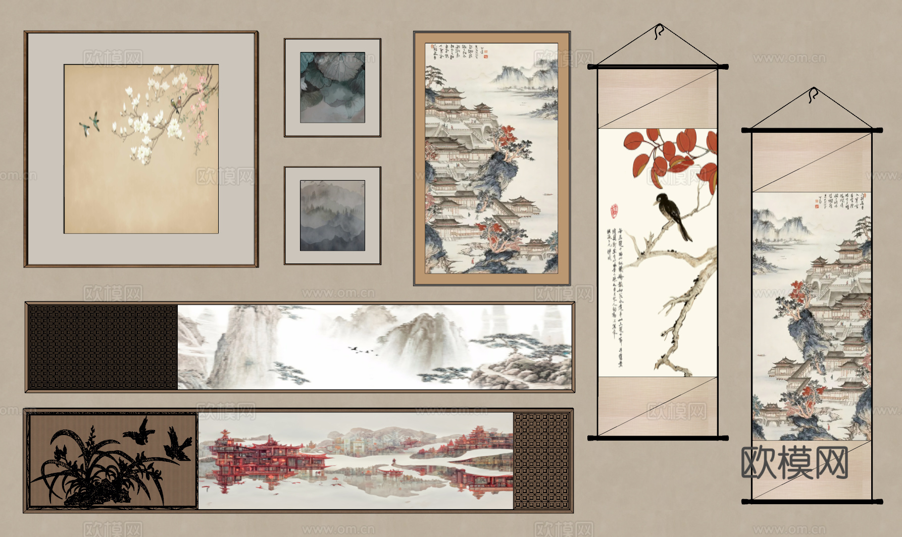 新中式挂画 宋氏中古风挂画 长条挂画 横向挂画 挂画组合su模型