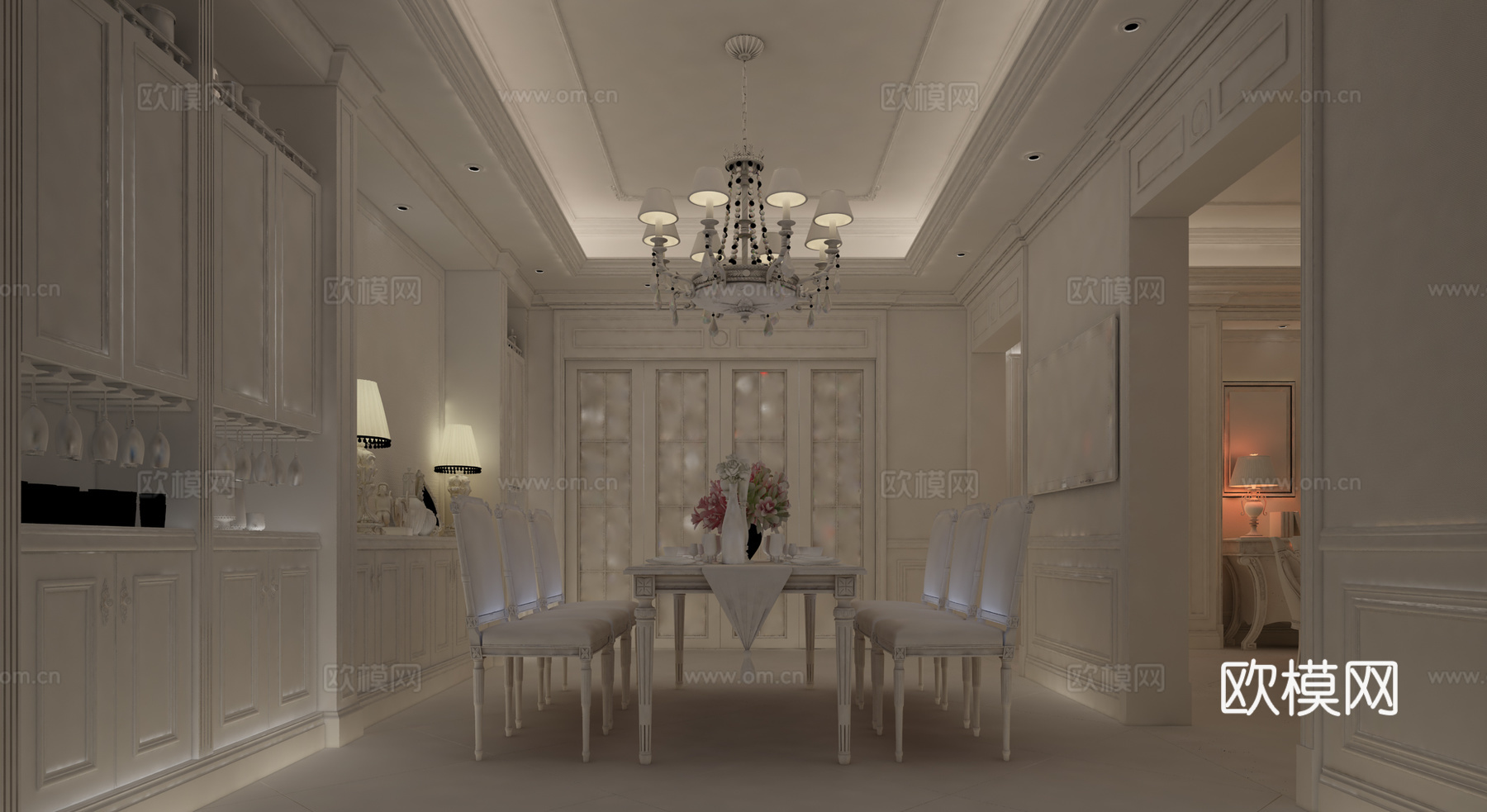 欧式简约餐厅 餐桌椅组合 吊灯3d模型