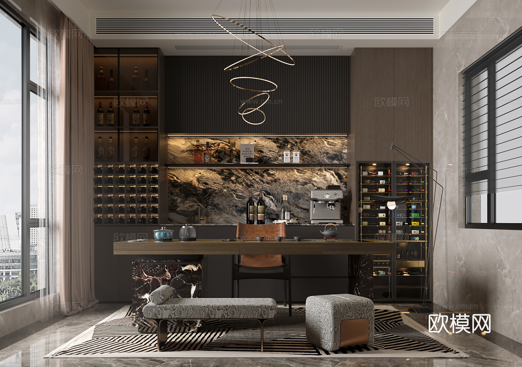 意式轻奢茶室酒柜 暗黑餐边柜西厨柜 意式茶桌茶台组合 恒温红3d模型下载（渲染图1）