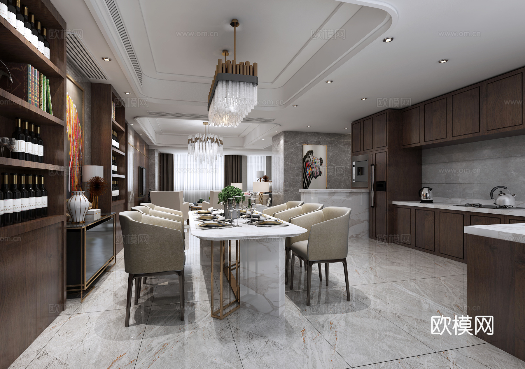 现代餐厅 现代长条吊灯 开放式厨房 酒柜 现代餐桌 浅灰3d模型下载（渲染图1）