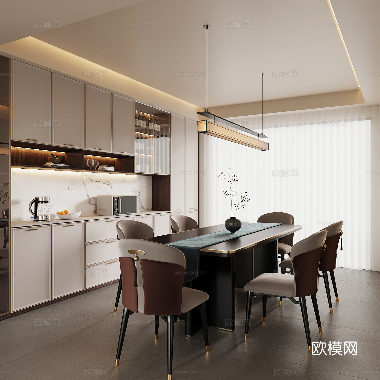 新中式餐厅 餐桌椅 酒柜3d模型