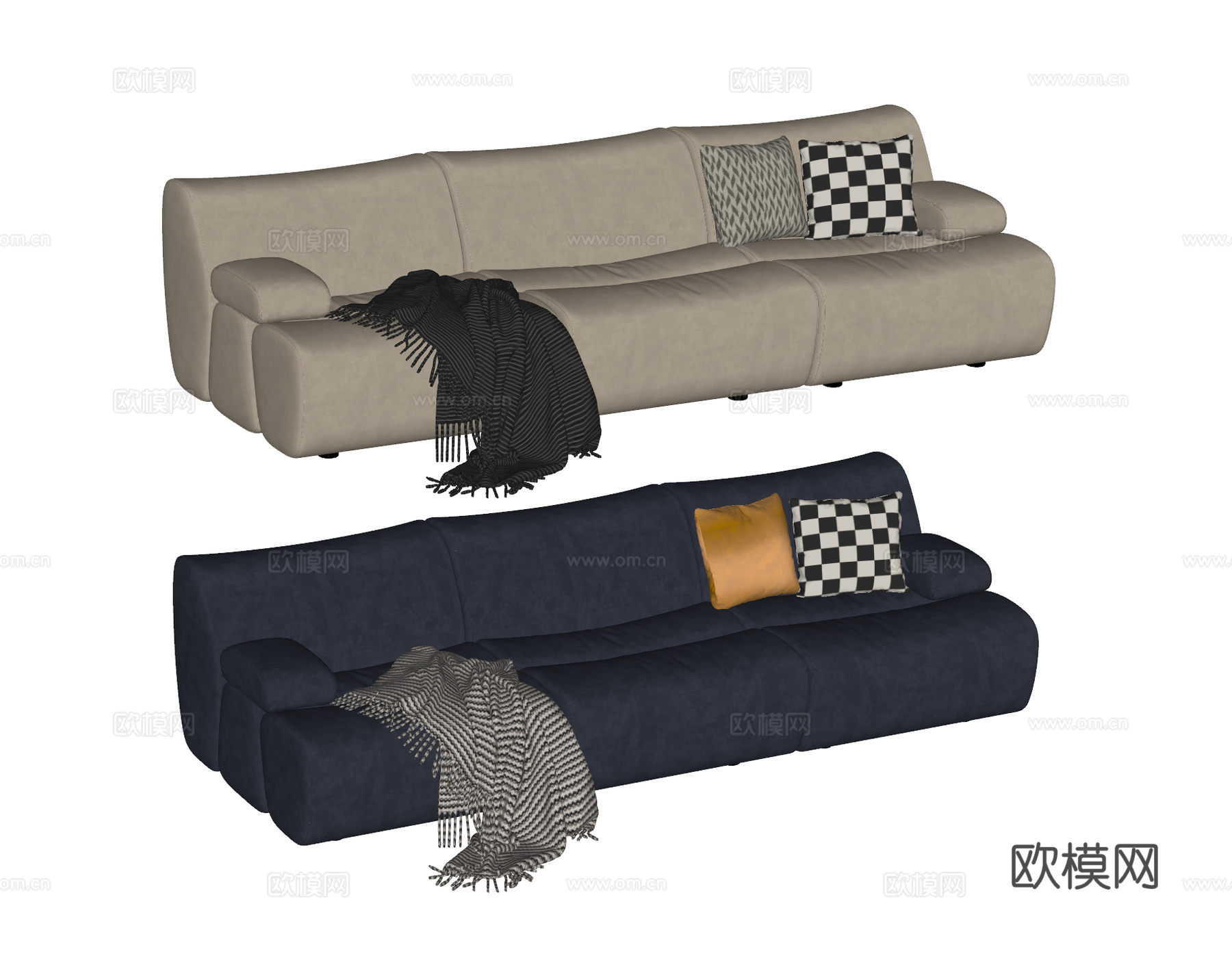 POLIFORM 现代 中古风 奶油风 三人沙发 竹节沙发su模型