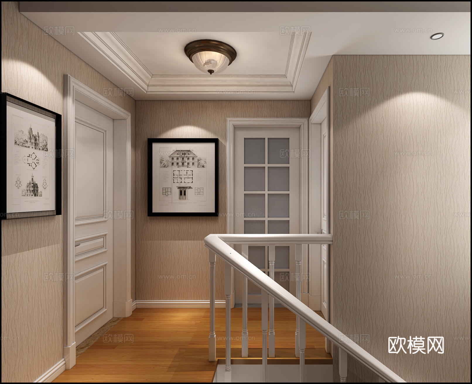 现代简美式复式沙发吊灯 开放式厨房楼梯窗帘 吧台 挂画主3d模型