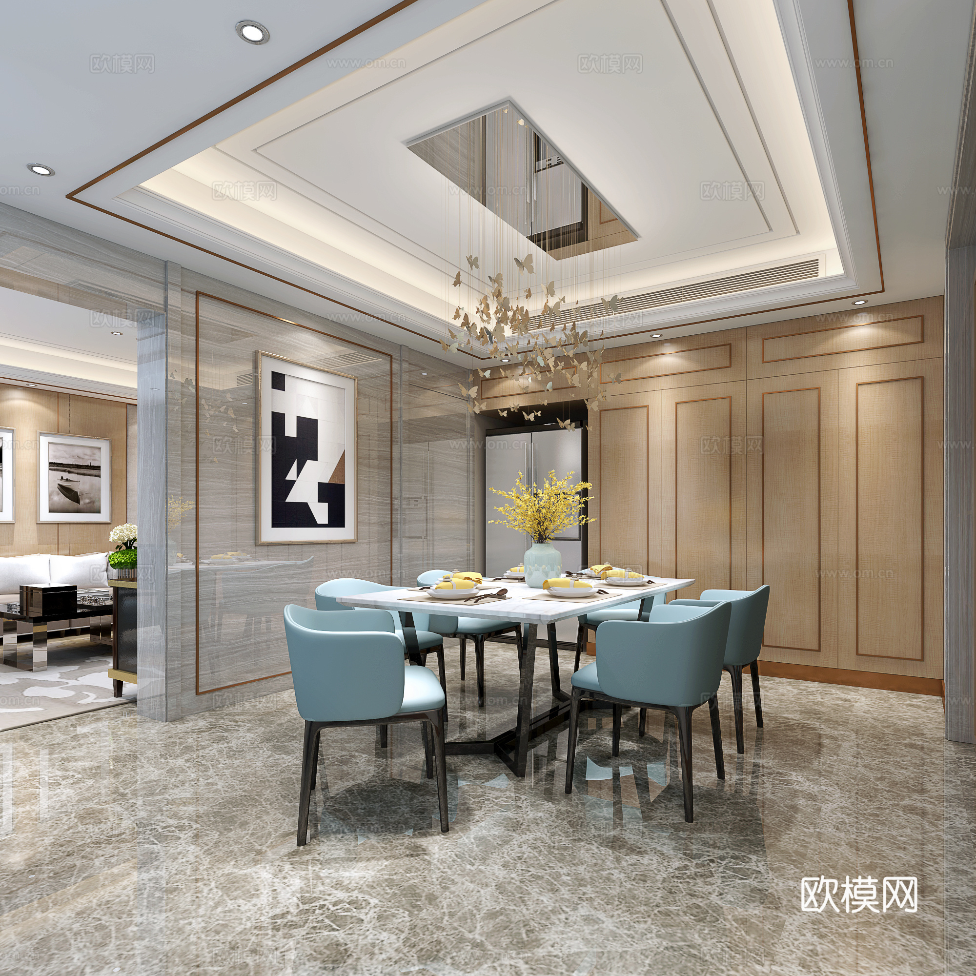 现代风格餐厅 餐桌椅 吊灯3d模型