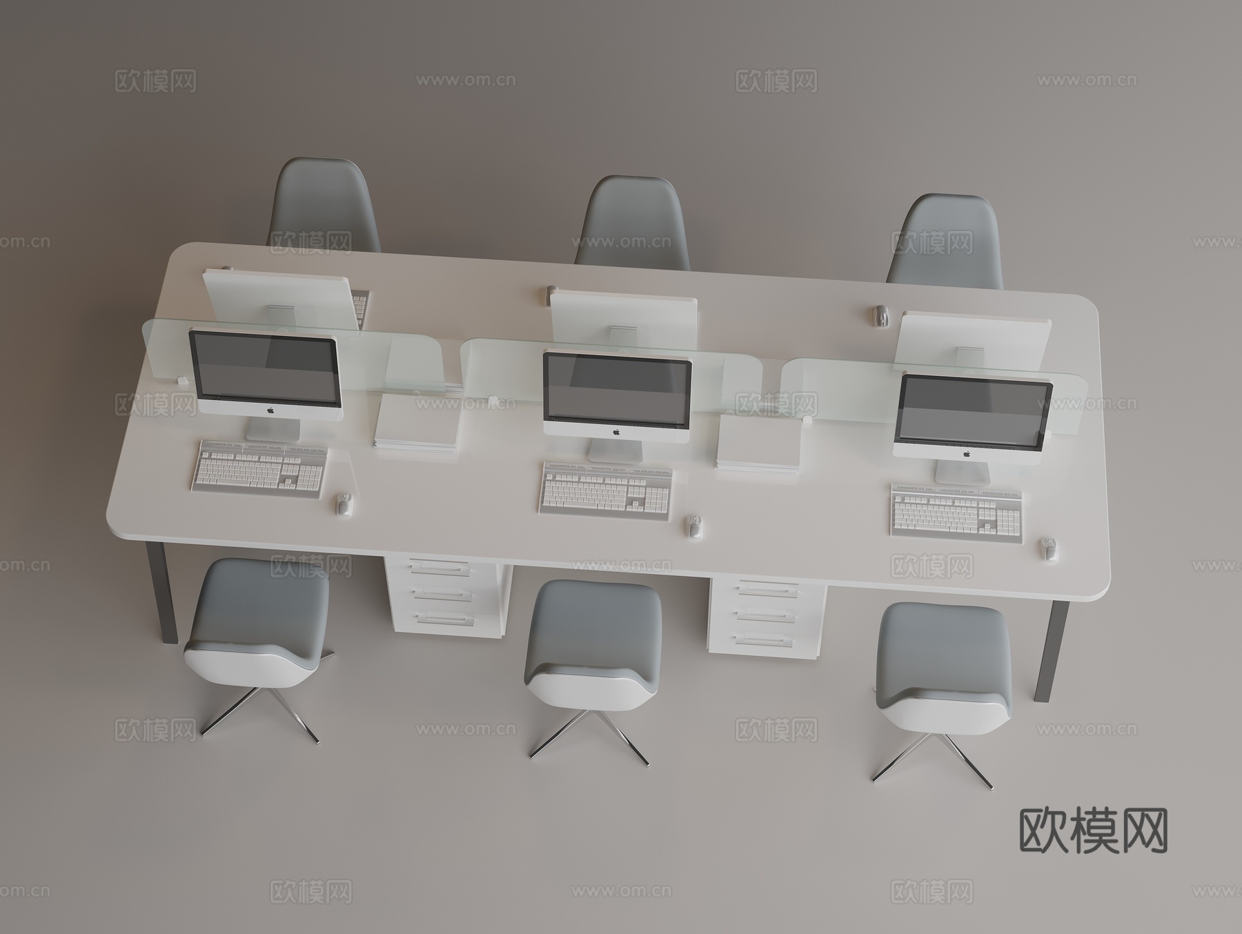 简约办公桌 多人办公桌 转动办公椅 台式电脑 键盘 鼠标3d模型