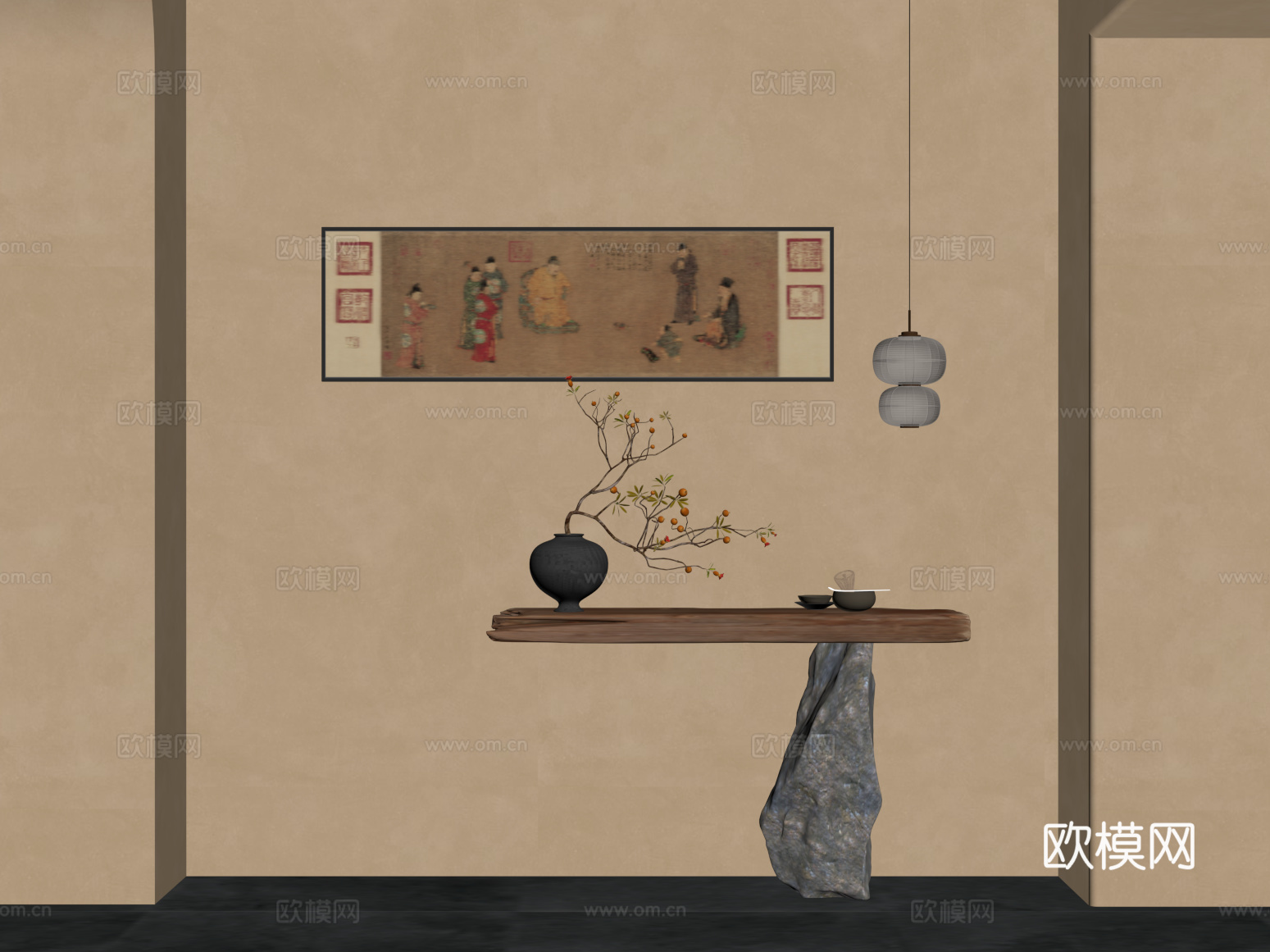玄关 新中式玄关 端景台 装饰画 吊灯su模型