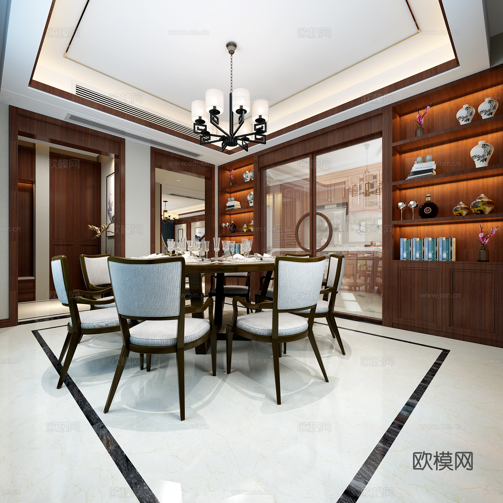 新中式餐厅  玄关 餐桌椅3d模型