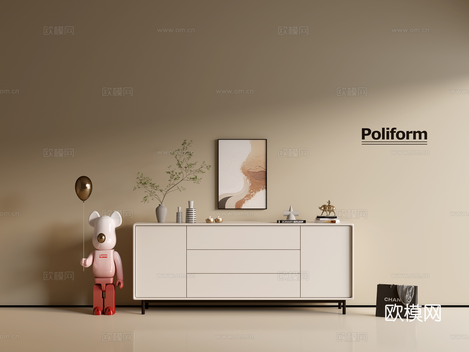 现代奶油风斗柜 ins风极简风柜子  整体柜 餐边柜 阳台柜3d模型