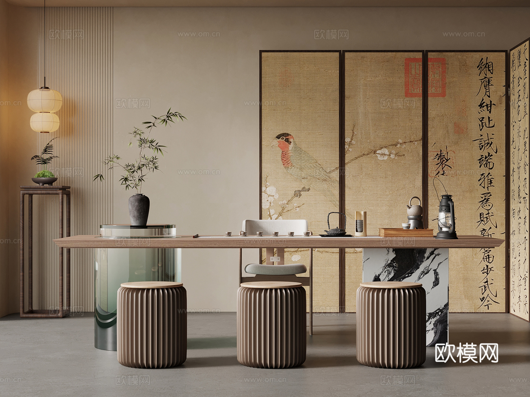 茶室 新中式茶室 茶桌椅组合 茶台 屏风3d模型