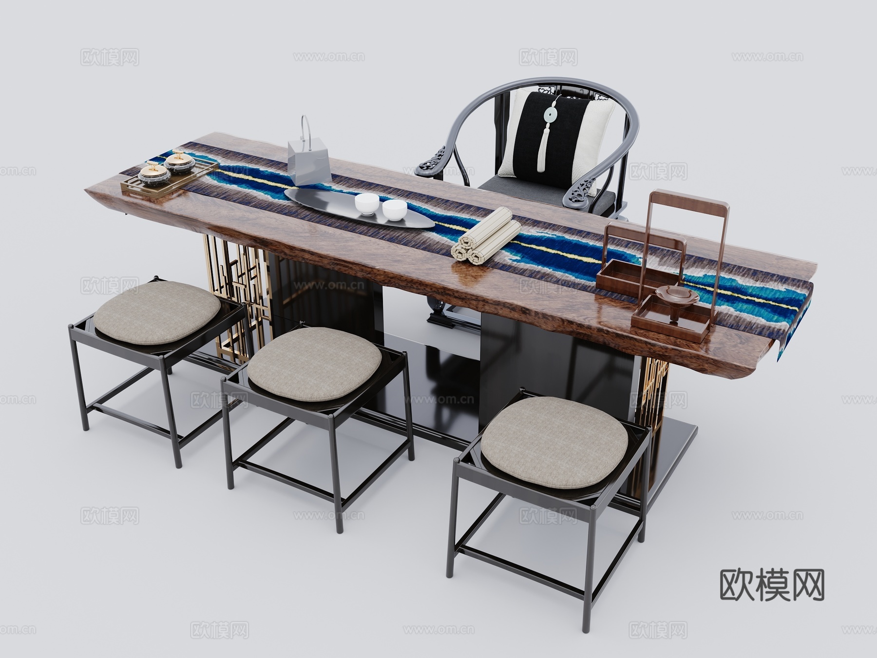 新中式实木泡茶桌茶椅摆件茶壶茶杯3d模型
