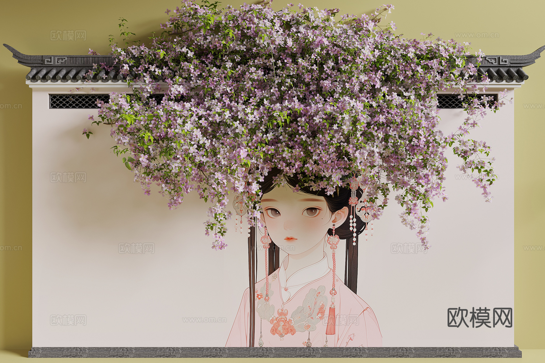 新中式藤蔓 绿植墙 墙绘 网红打卡墙su模型