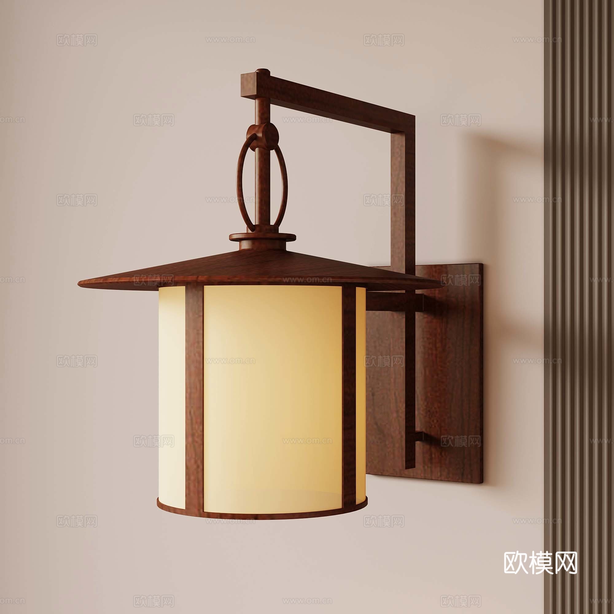 新中式壁灯 侘寂中古风壁灯 庭院灯su模型